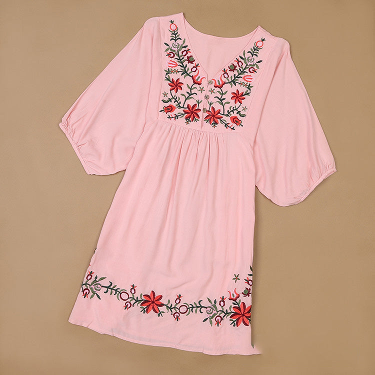 Women Casual Boho Floral Embroidered V-Neck Short-Sleeve Dress