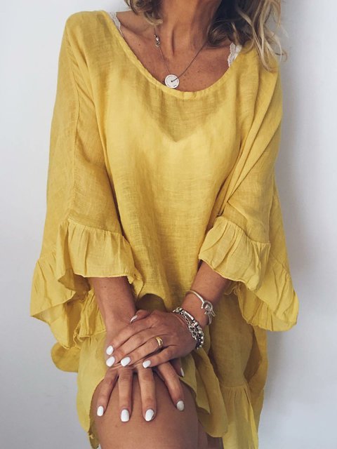 Women Solid Color Stitching Ruffle Sleeves Dress