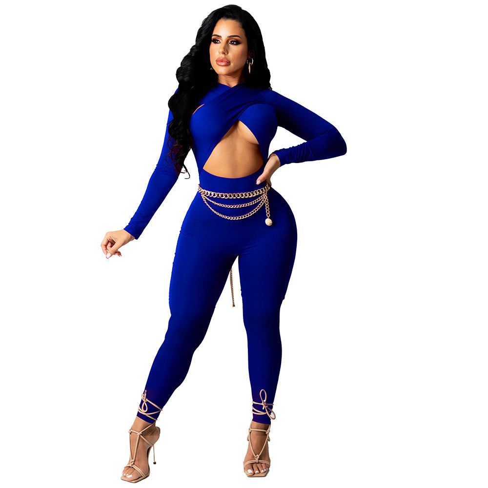 Women Fashion Sexy Solid Color Cross Strap Jumpsuits