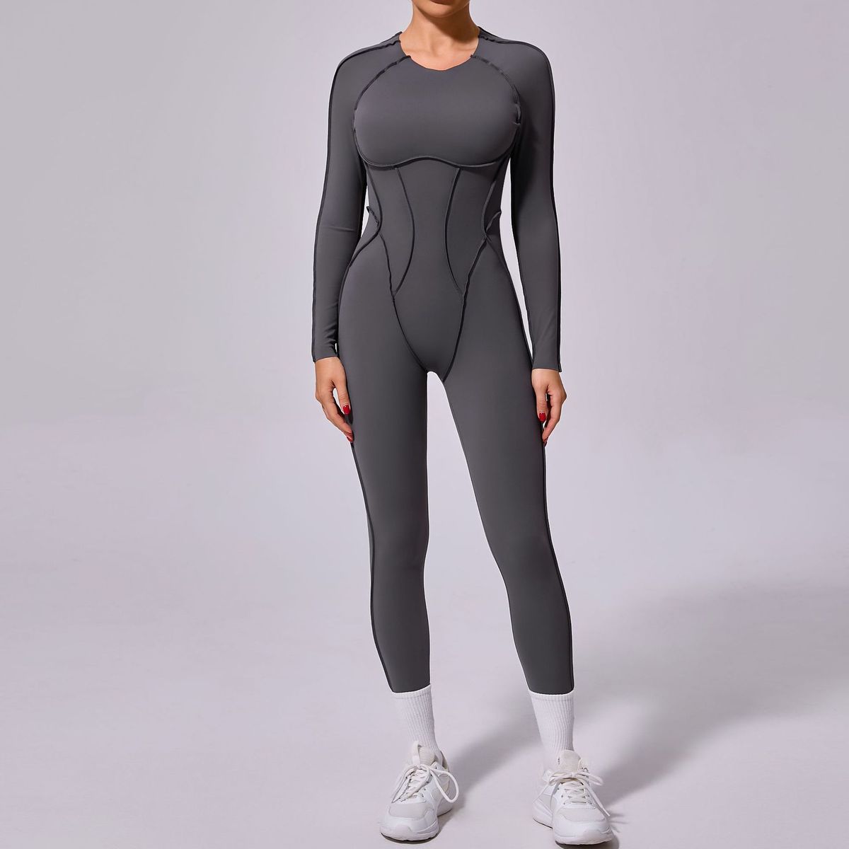 Women Fashion Solid Color Long-Sleeve Backless Jumpsuit