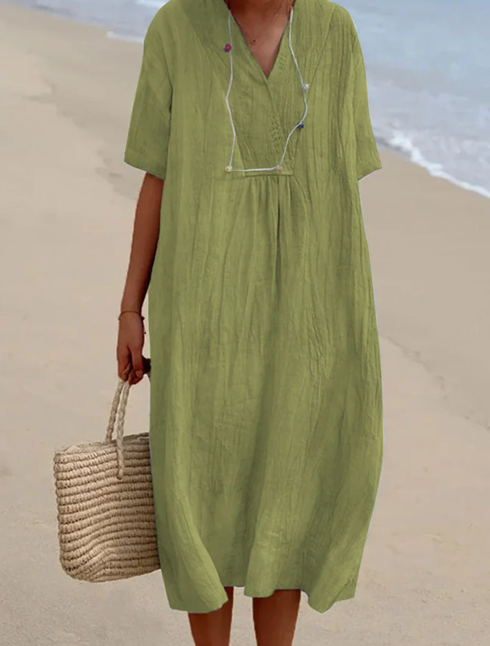Robe décontractée en coton et lin à col en V et couleur unie pour femme