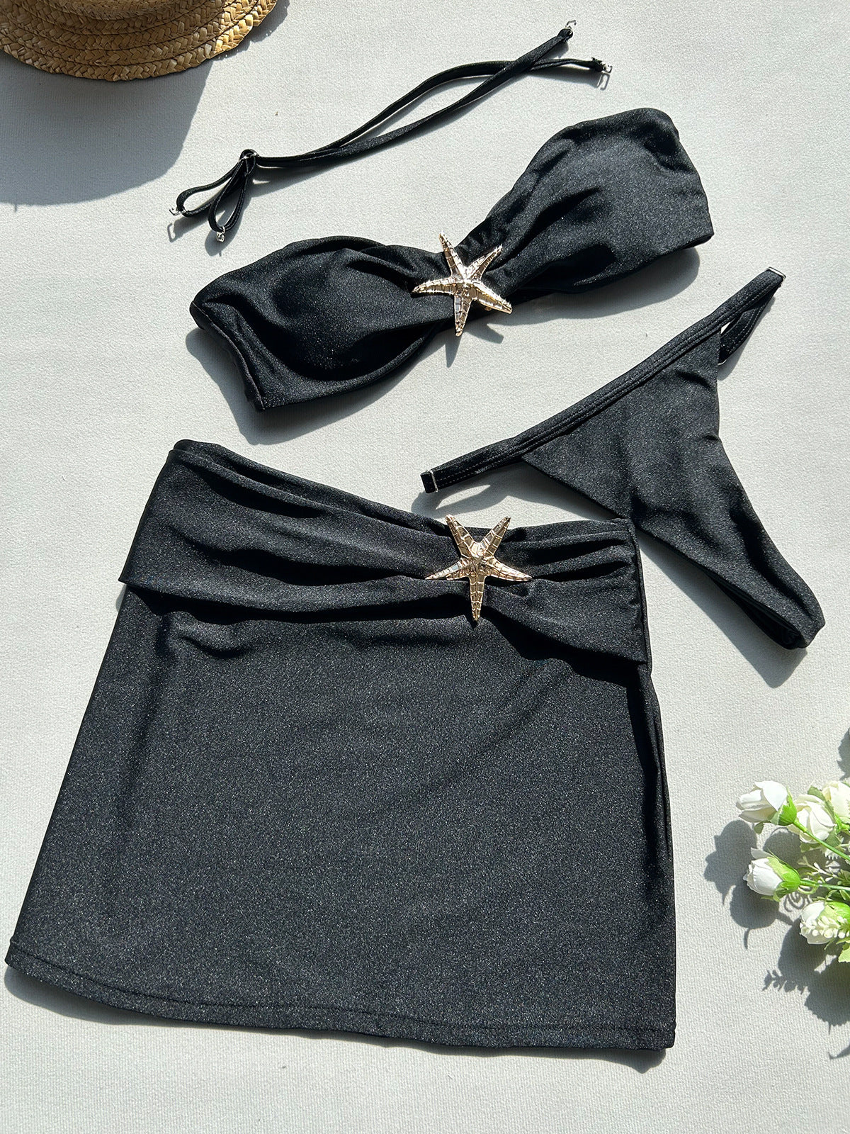 Traje de baño de tres piezas con hebilla de estrella de mar de color sólido sexy para mujer