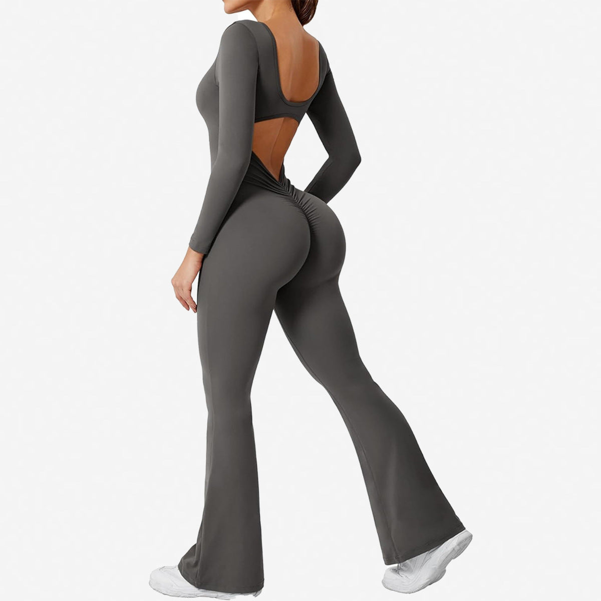 Women Fashion Casual Solid Color Square Neck Long-Sleeve Backless Jumpsuits