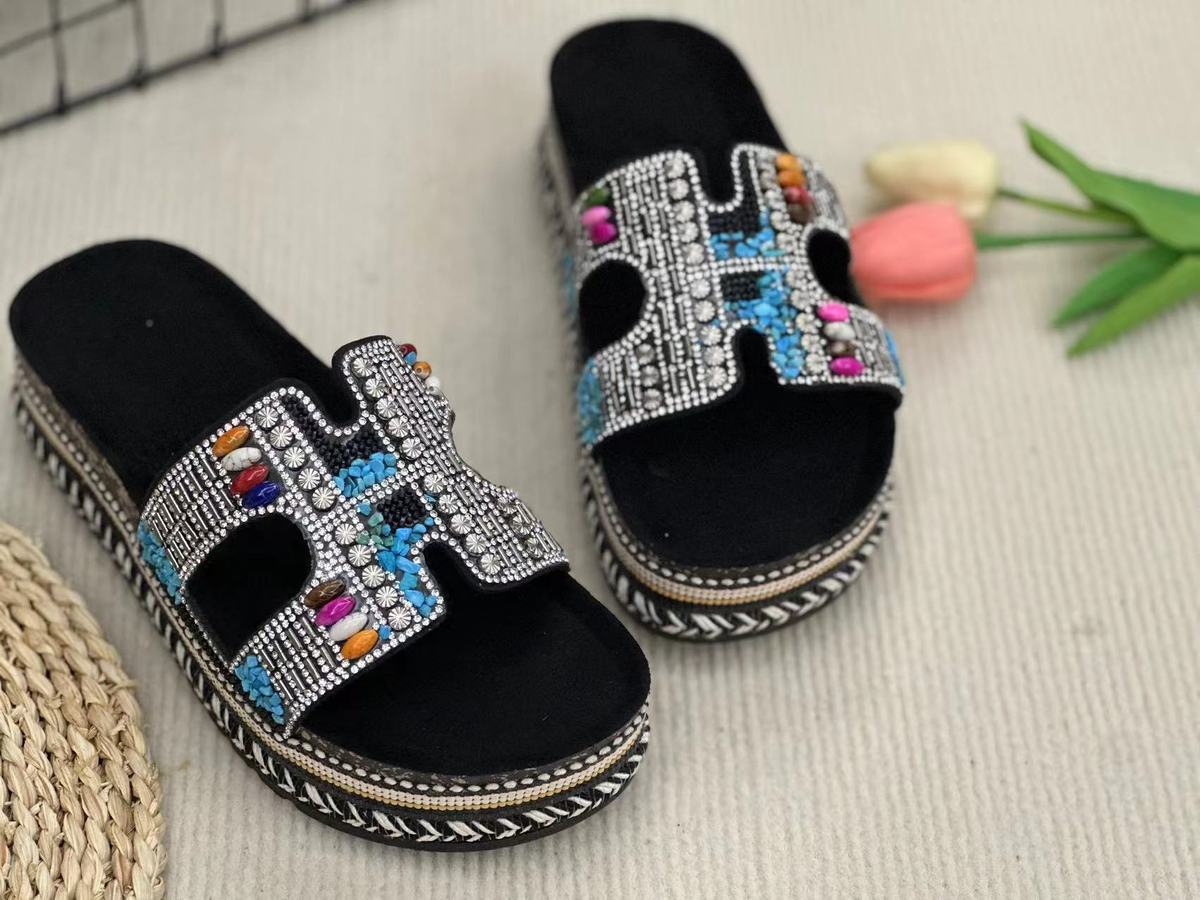 Pantuflas informales tejidas con diamantes de imitación a la moda para mujer
