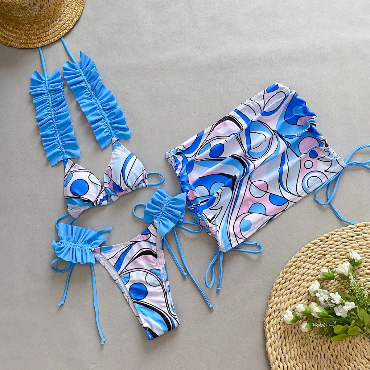 Conjunto de tres piezas para mujer, traje de baño con volantes para vacaciones de verano