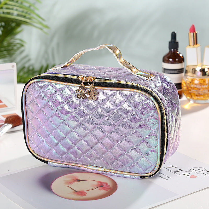 Bolsa de cosméticos de cuero sintético con efecto láser y degradado de color