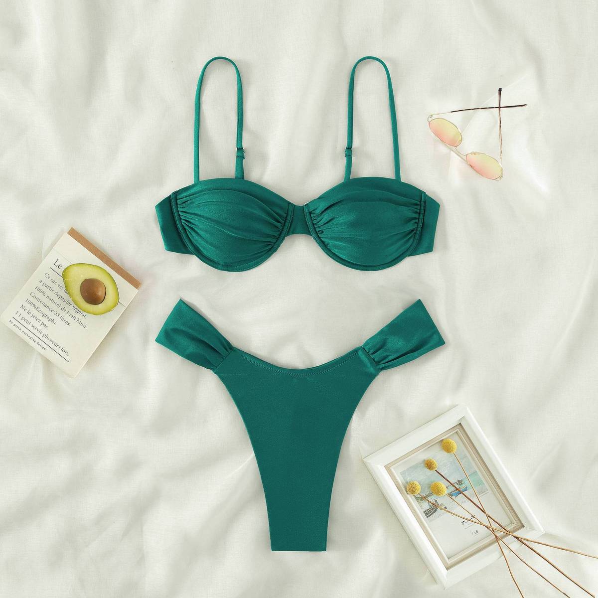 Women Fashion Sexy Solid Color Pleated Bikini Swimsuit