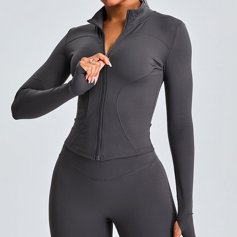 Veste de sport décontractée à manches longues et fermeture éclair pour femme, couleur unie, idéale pour le yoga
