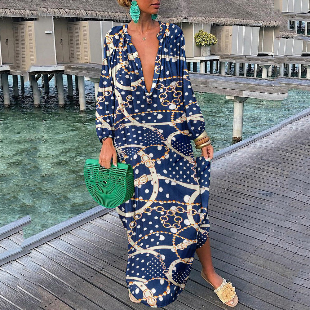Robe bohème élégante vintage à manches longues et col en V pour femme