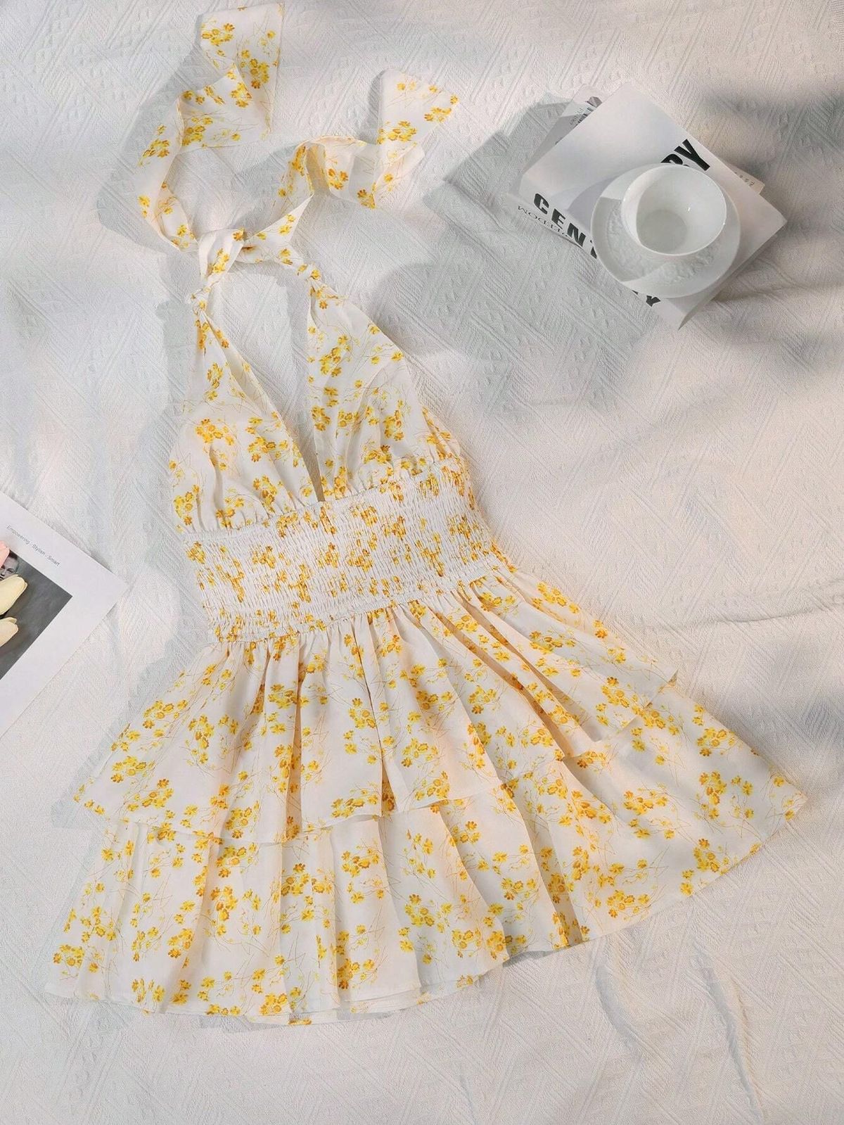 Women Fashion Floral Print V-Neck Mini Dress