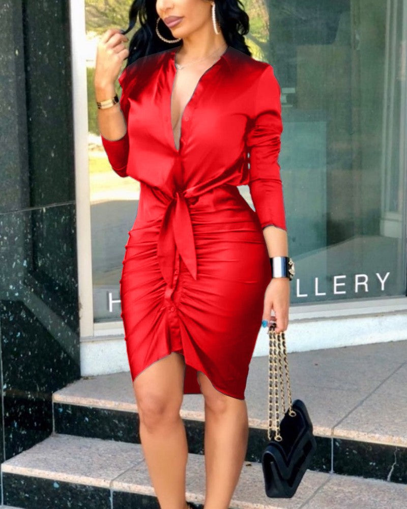 Vestido camisero a cuadros con cordones y cuello en V de verano para mujer