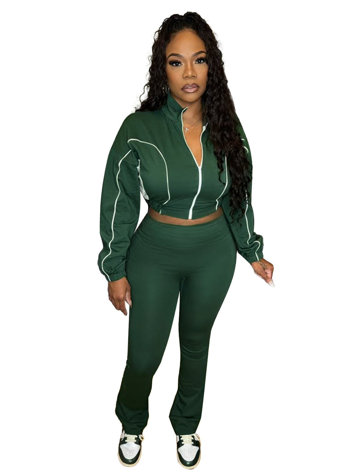 Fashion Women Double Stitching Contrast Color Zipper Crop Top and Wide-Leg Pants Set