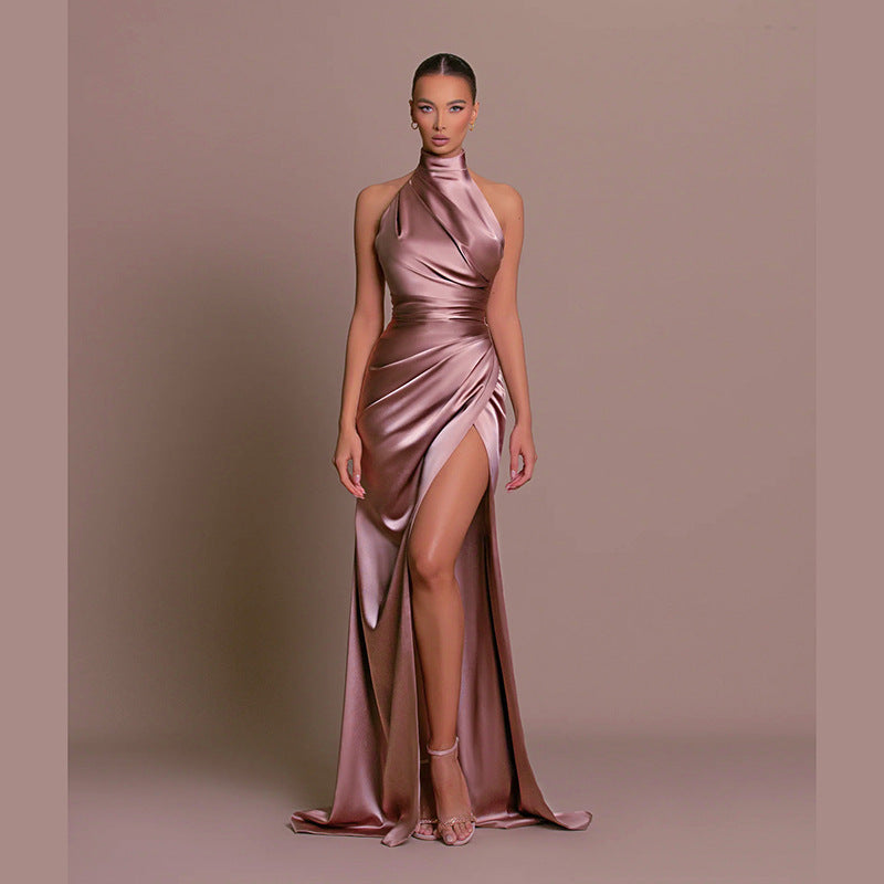Women Elegant Solid Color Side Split Party Dress
