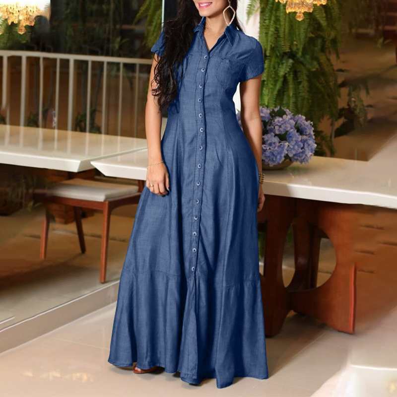 Vestido largo vaquero de color liso con cuello polo para mujer de talla grande