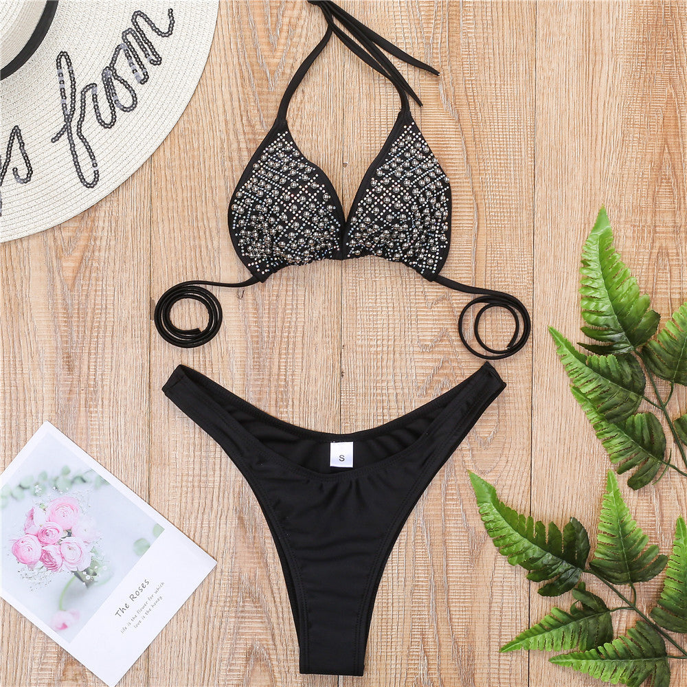 Women Fashion Sexy Rhinestone Pearl Halter-Neck Bikini Swimsuit