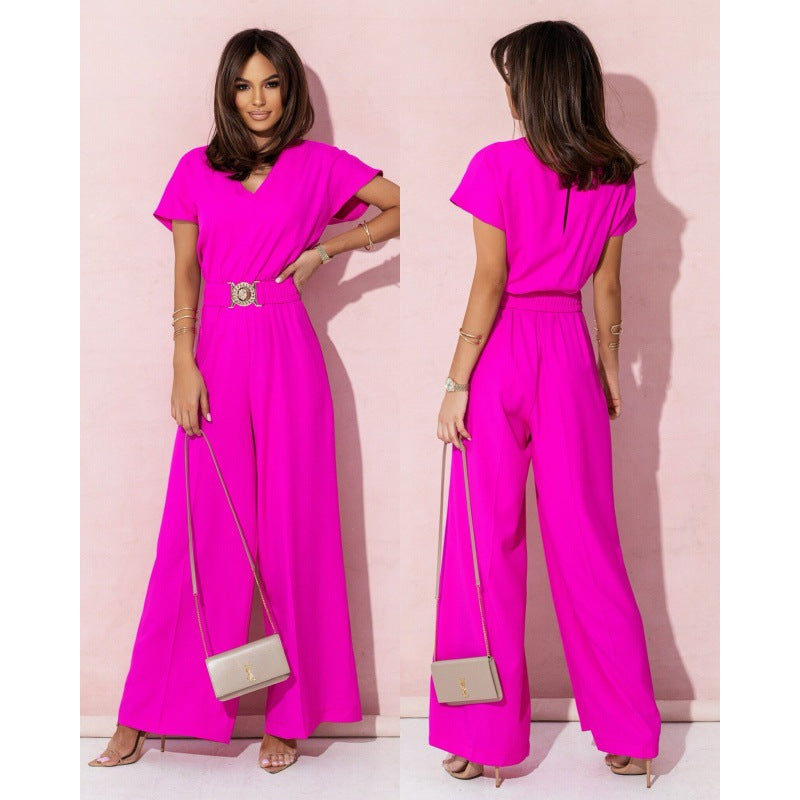Women Fashion Elegant Solid Color V-Neck Jumpsuits