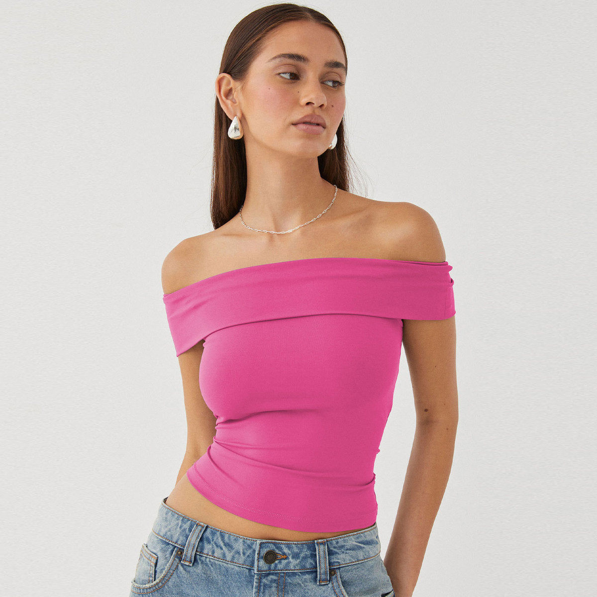 Top corto sexy de color sólido con hombros descubiertos para mujer