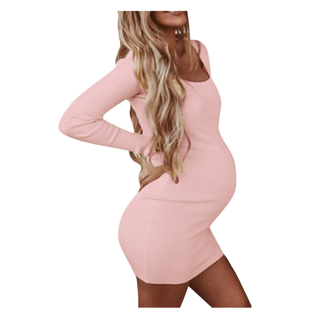 Vestido casual de manga larga de color liso para embarazadas