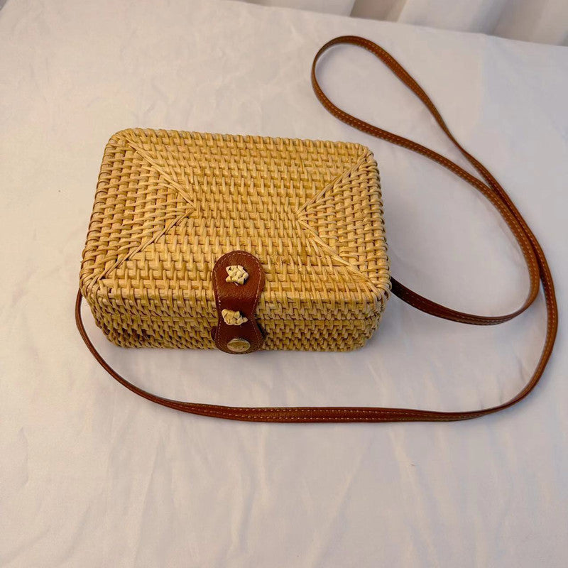 Sac rond en paille tissée vintage de style bohème