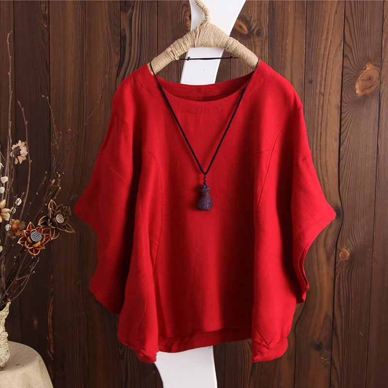 Top de lino y algodón de color liso de talla grande a la moda para mujer