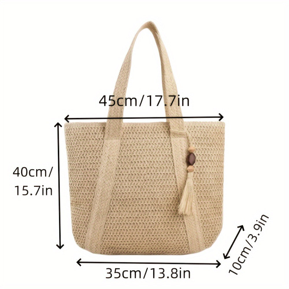 Women Casual Solid Color Straw Woven Beach Tote Bag