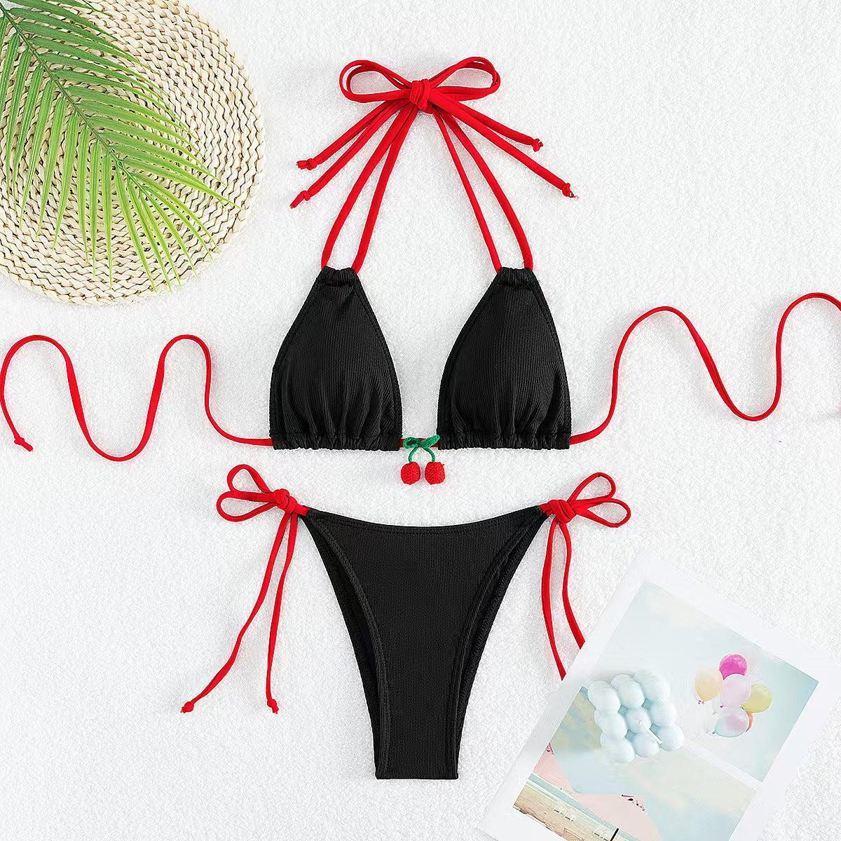 Maillot de bain bikini dos nu sexy à la mode pour femmes, couleur cerise contrastée