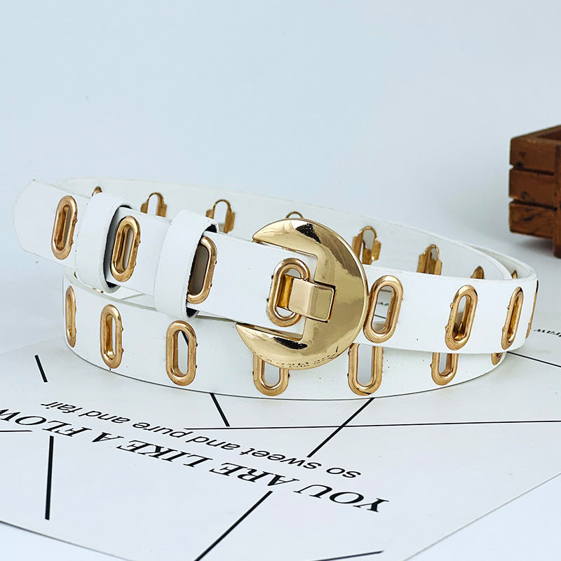 Ceinture décorative à œillets métalliques ajourés pour femme en cuir PU
