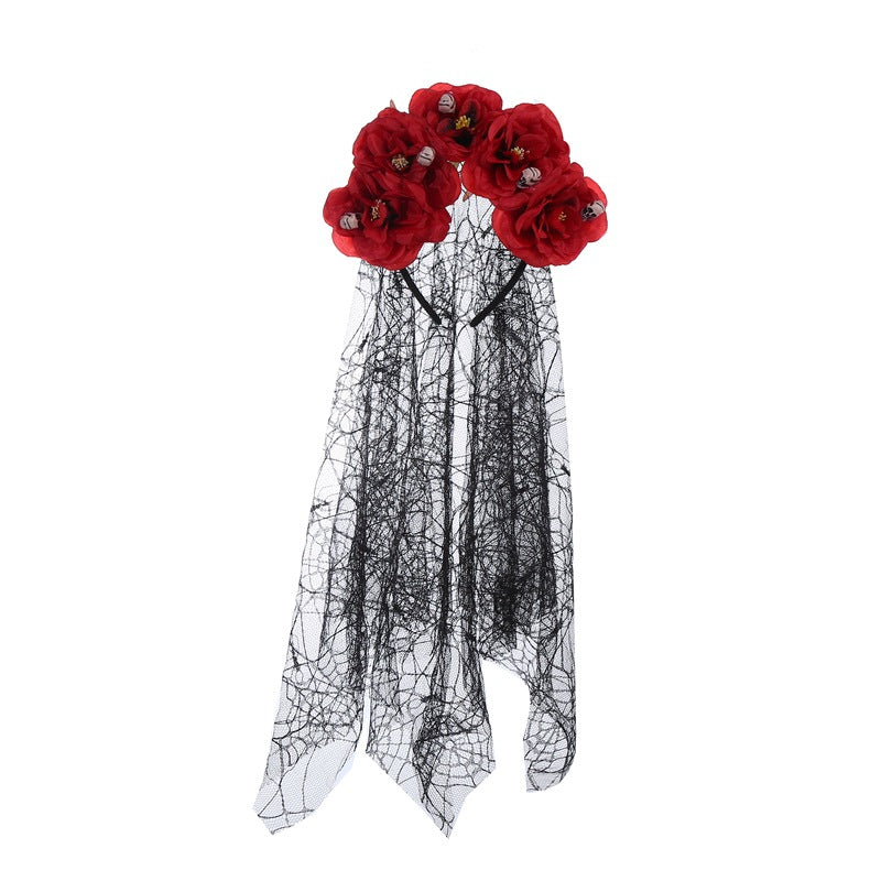 Bandeau en tissu de style gothique avec motif floral et tête de mort, ornement d'Halloween