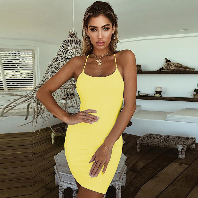 Summer Women Sexy Solid Color Backless Bodycon Dress
