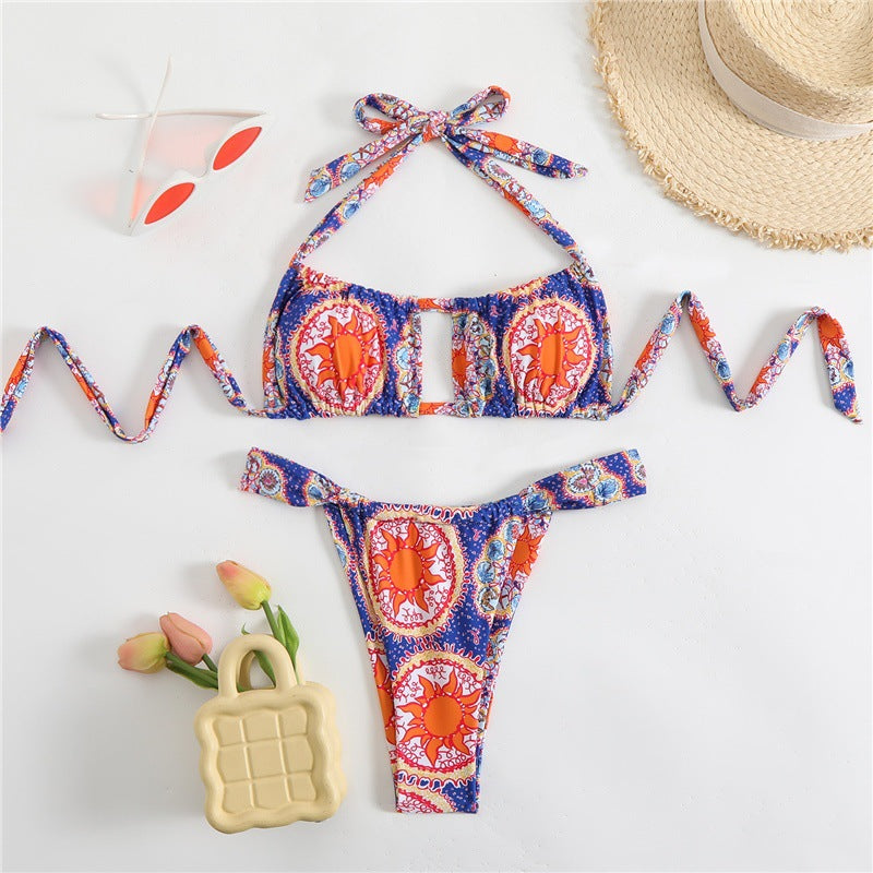 Bikini plisado con estampado multicolor sexy para mujer