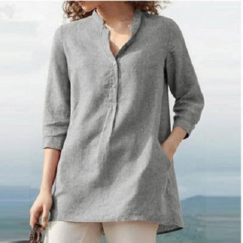 Camisa informal de lino y algodón con cuello de color liso para mujer