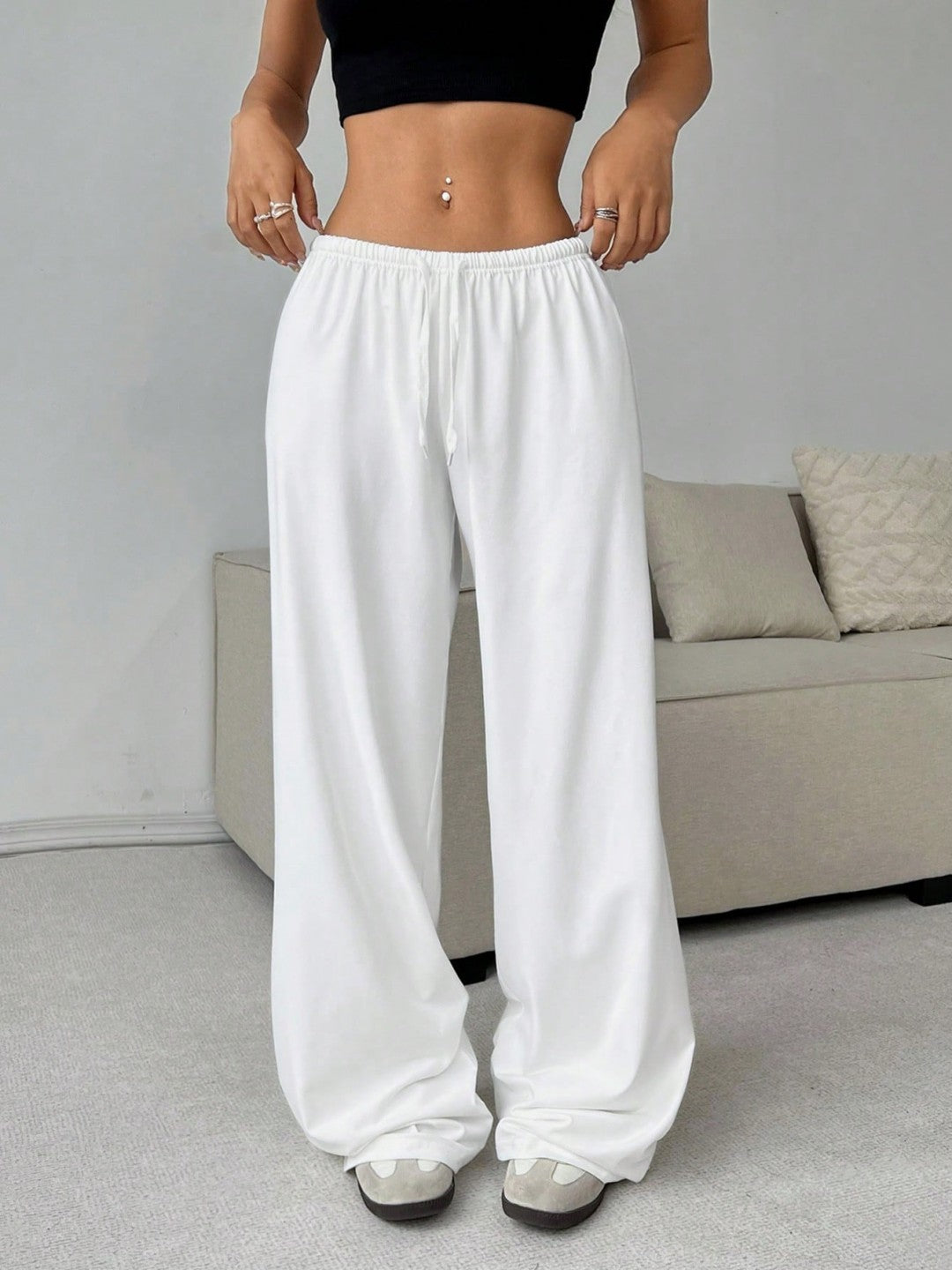 Pantalones casuales de pierna ancha con cordones de color liso para mujer - Estilo cómodo de poliéster