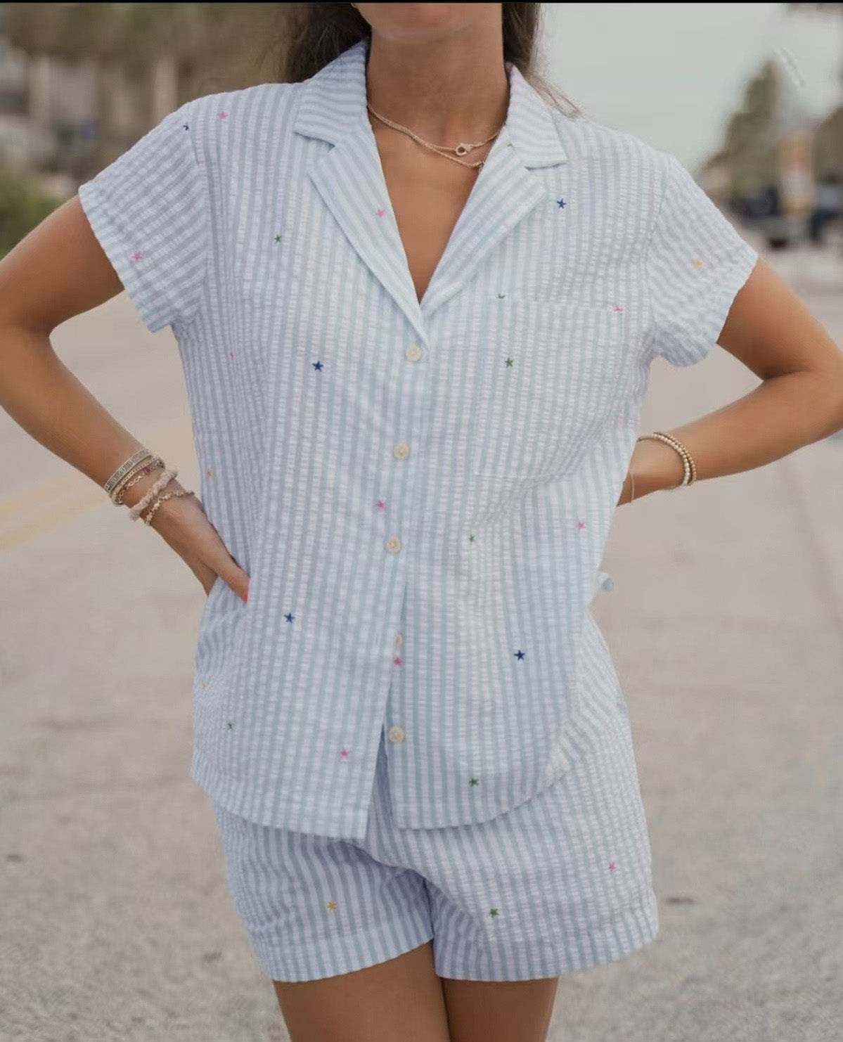 Women Casual Love Printed Lapel Short Sleeve Pajama Set