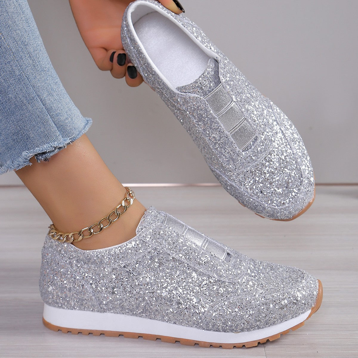 Plus Size Women Fashion Sequined Sneakers