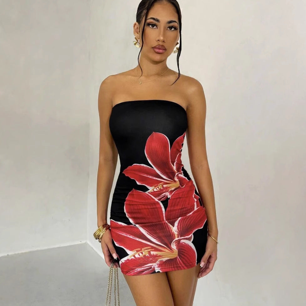 Women Fashion Sexy Flower Printed Tube Top Tight Dress