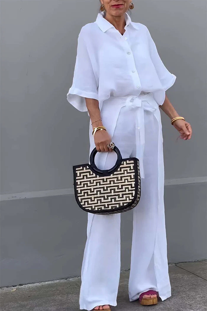 Women Fashion Casual Cotton Linen Laple Top Pants Set