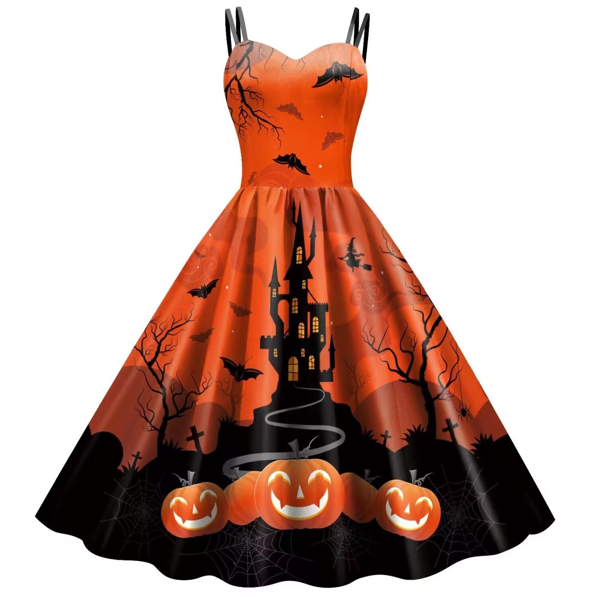 Halloween Women Fashion Vintage Skull Dress With Web Print