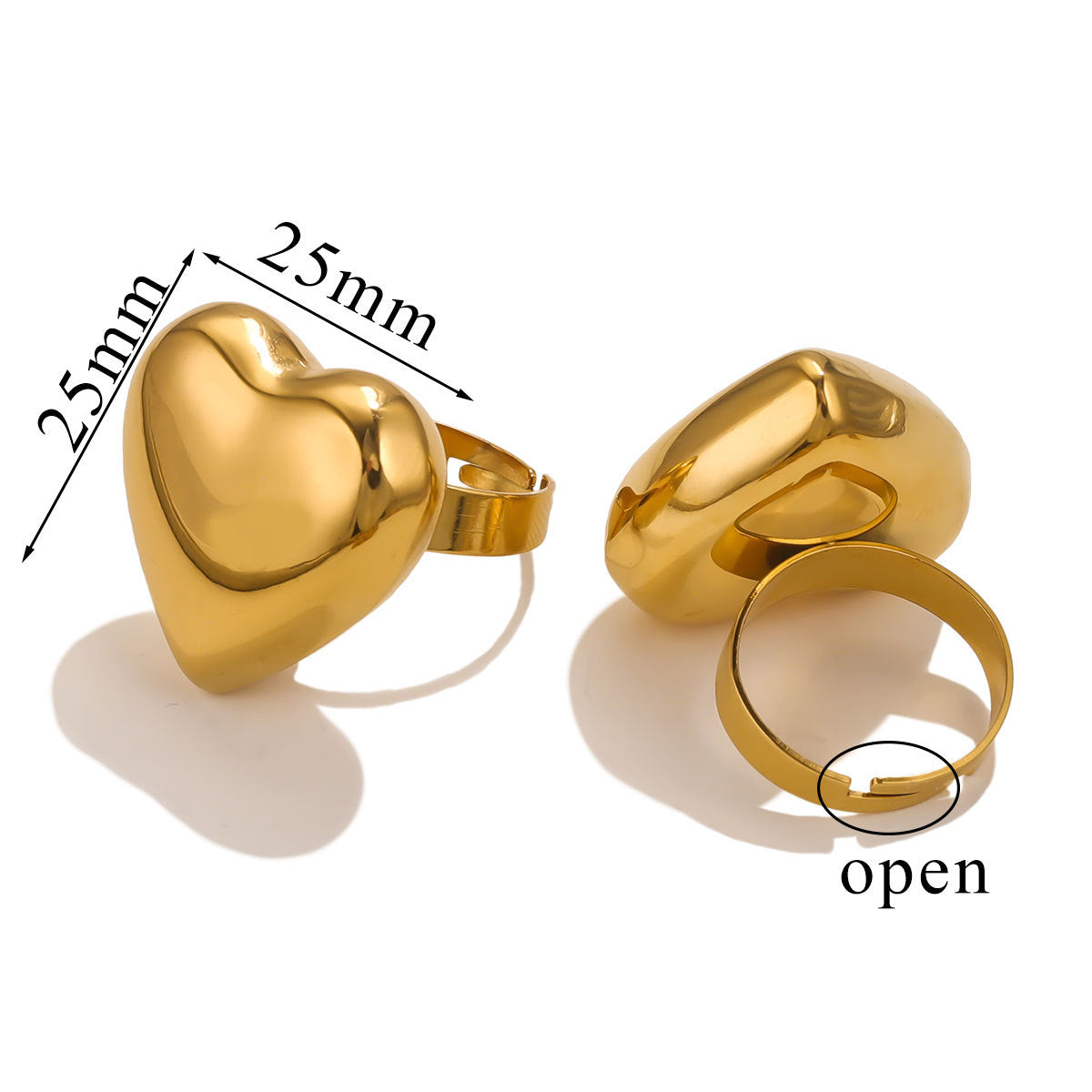 Bague ajustable en forme de cœur plaquée or 18 carats pour femme