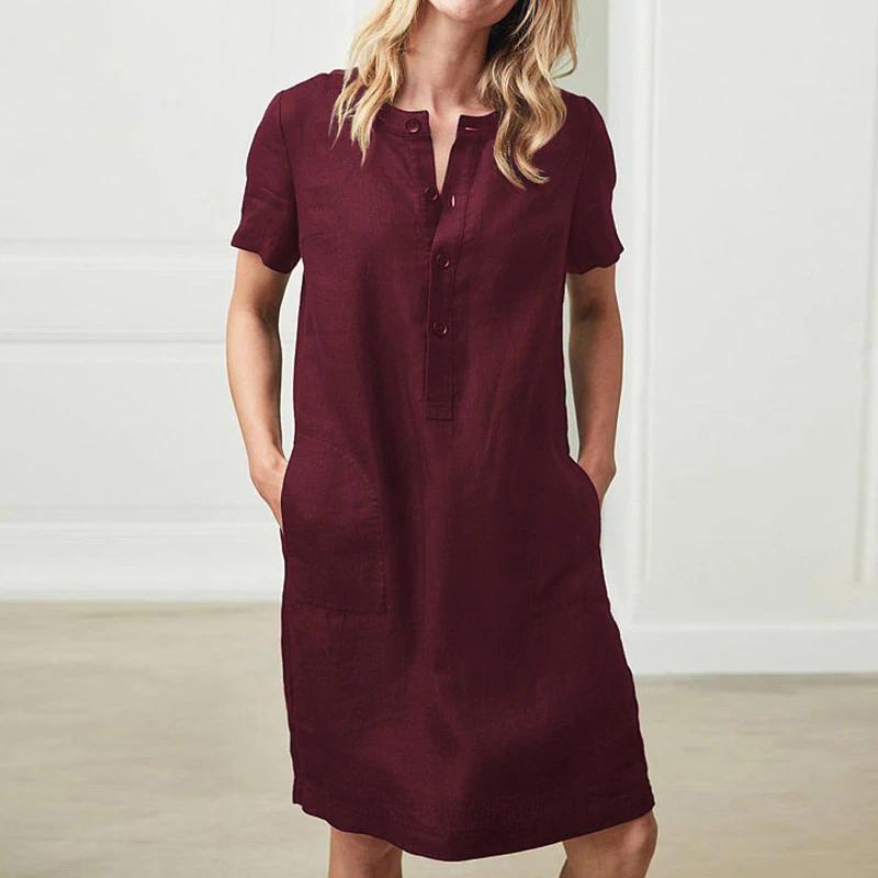 Vestido informal holgado de manga corta de algodón y lino