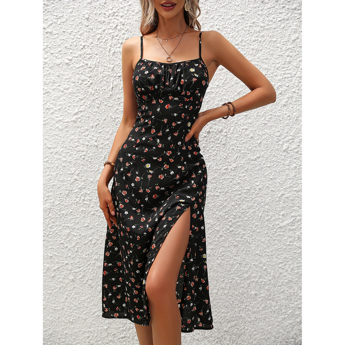 Robe ample fendue à bretelles spaghetti et imprimé floral sexy pour femme