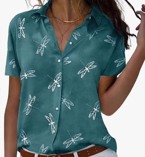 Blusa informal de poliéster con estampado de libélula y manga corta para mujer