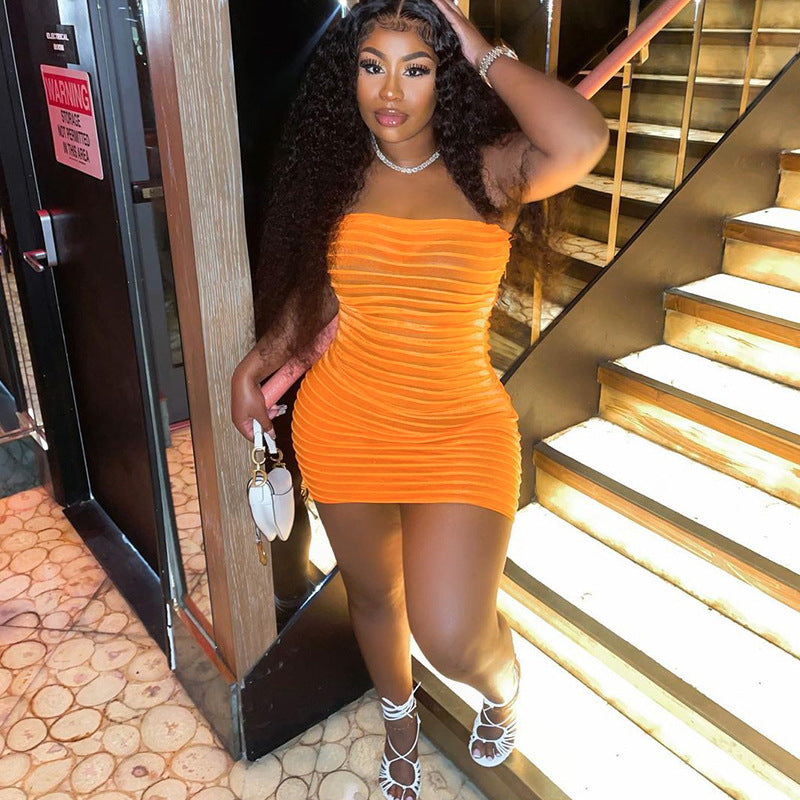 Women Fashion Sexy Solid Color Mesh Perspective Wave Edge Dress