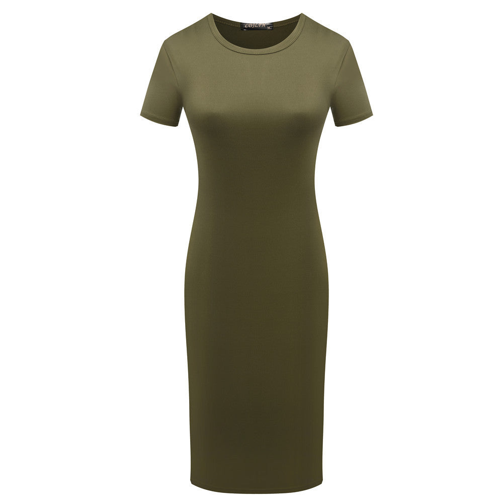 Women Short Sleeve Bodycon Dress with Solid Color Fabric