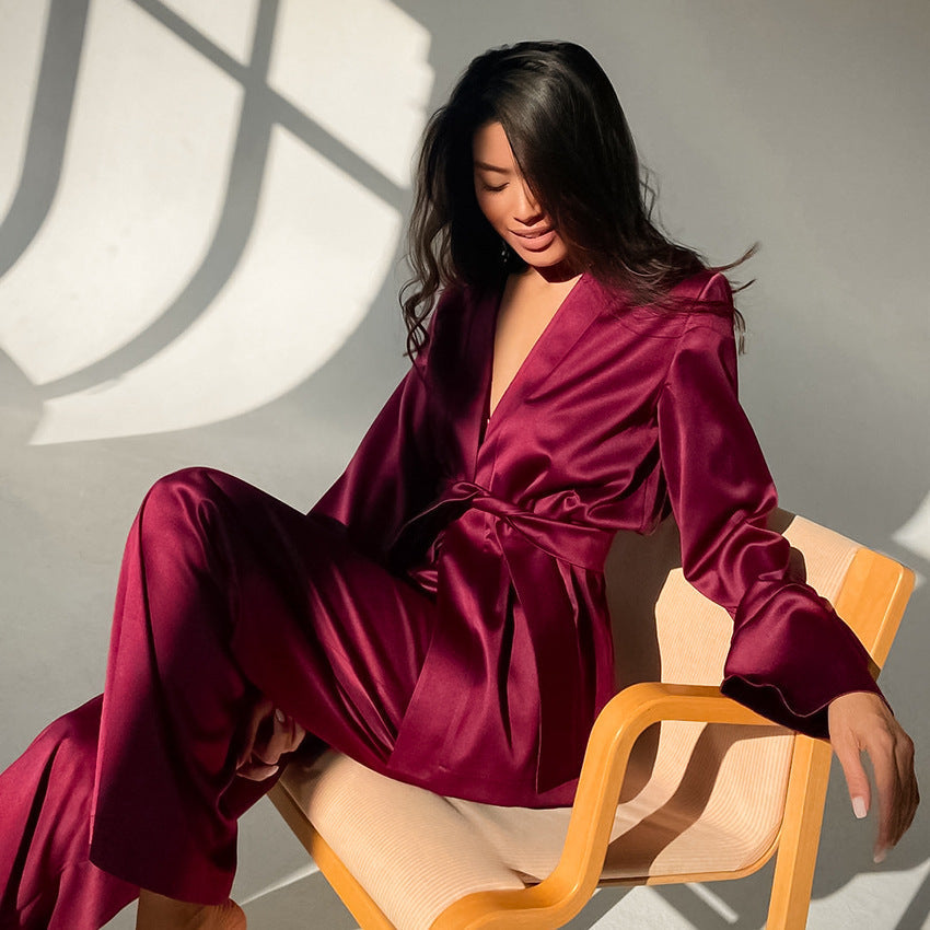 Women Fashion Loose Ice Silk Comfortable Long Sleeve Pajamas Set