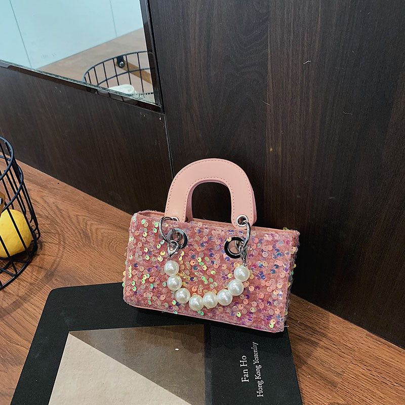 Mini bolso bandolera de verano con lentejuelas brillantes y correa de perlas