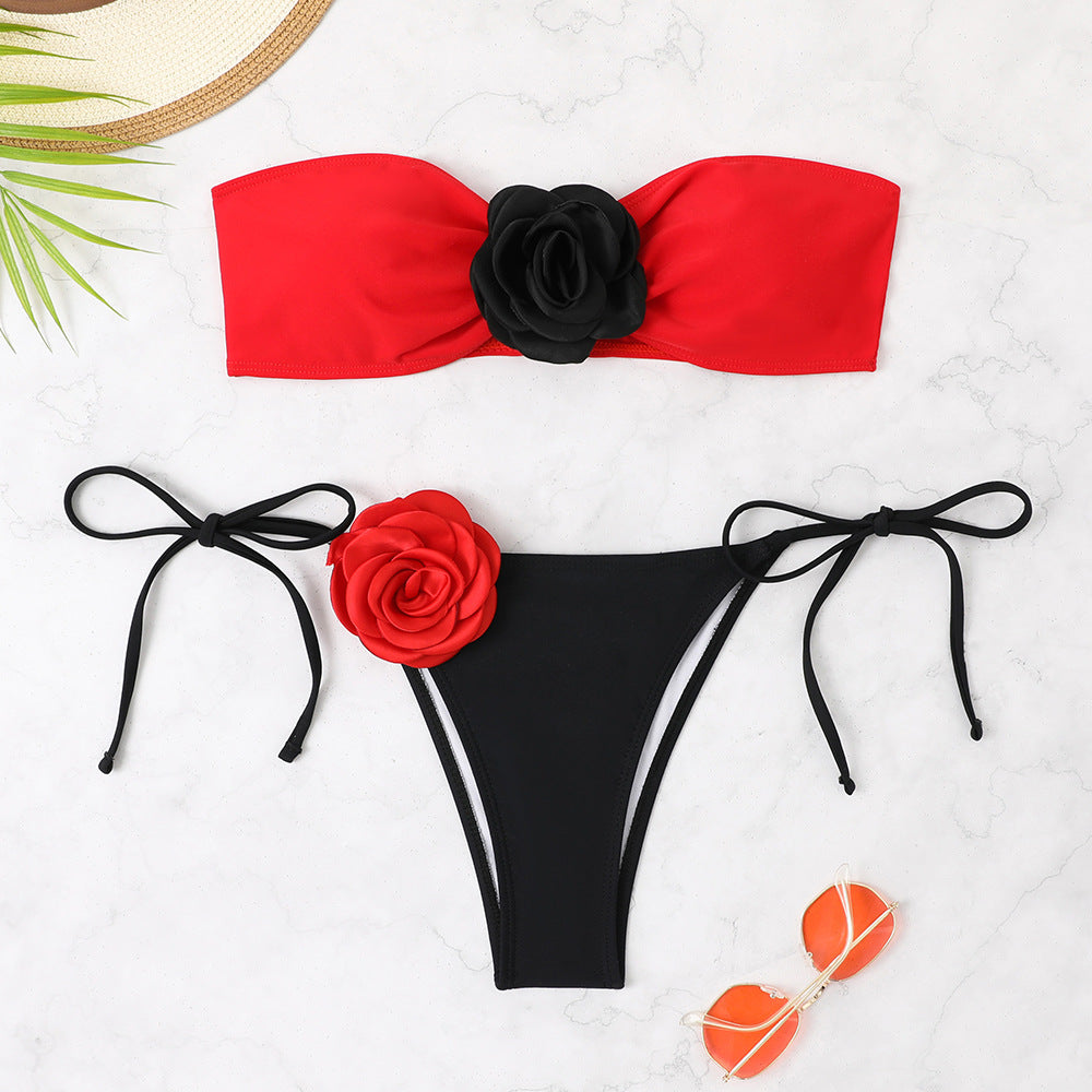 Bikini de verano con estampado floral y bloques de color para mujer