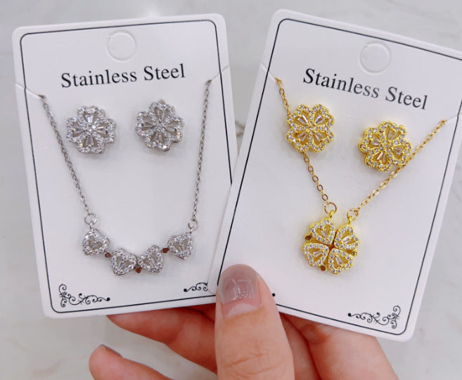 Women Fashion Zircon Necklace Earrings Set
