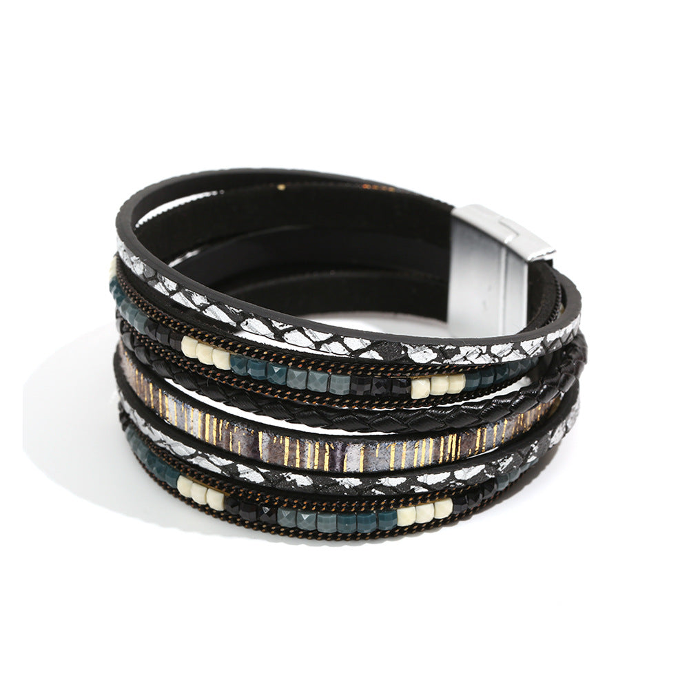 Pulsera bohemia de cuero multicapa con hebilla magnética