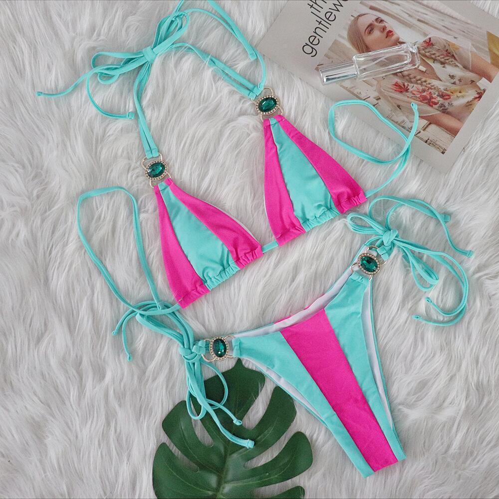 Vacation Women Sexy Rhinestone Contrast Bikini
