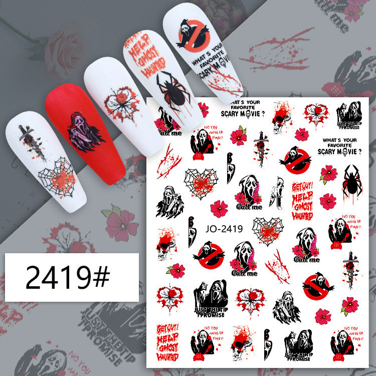 Autocollant pour ongles motif dessin animé d'Halloween, crâne, citrouille, chat noir, sorcière, gribouillage